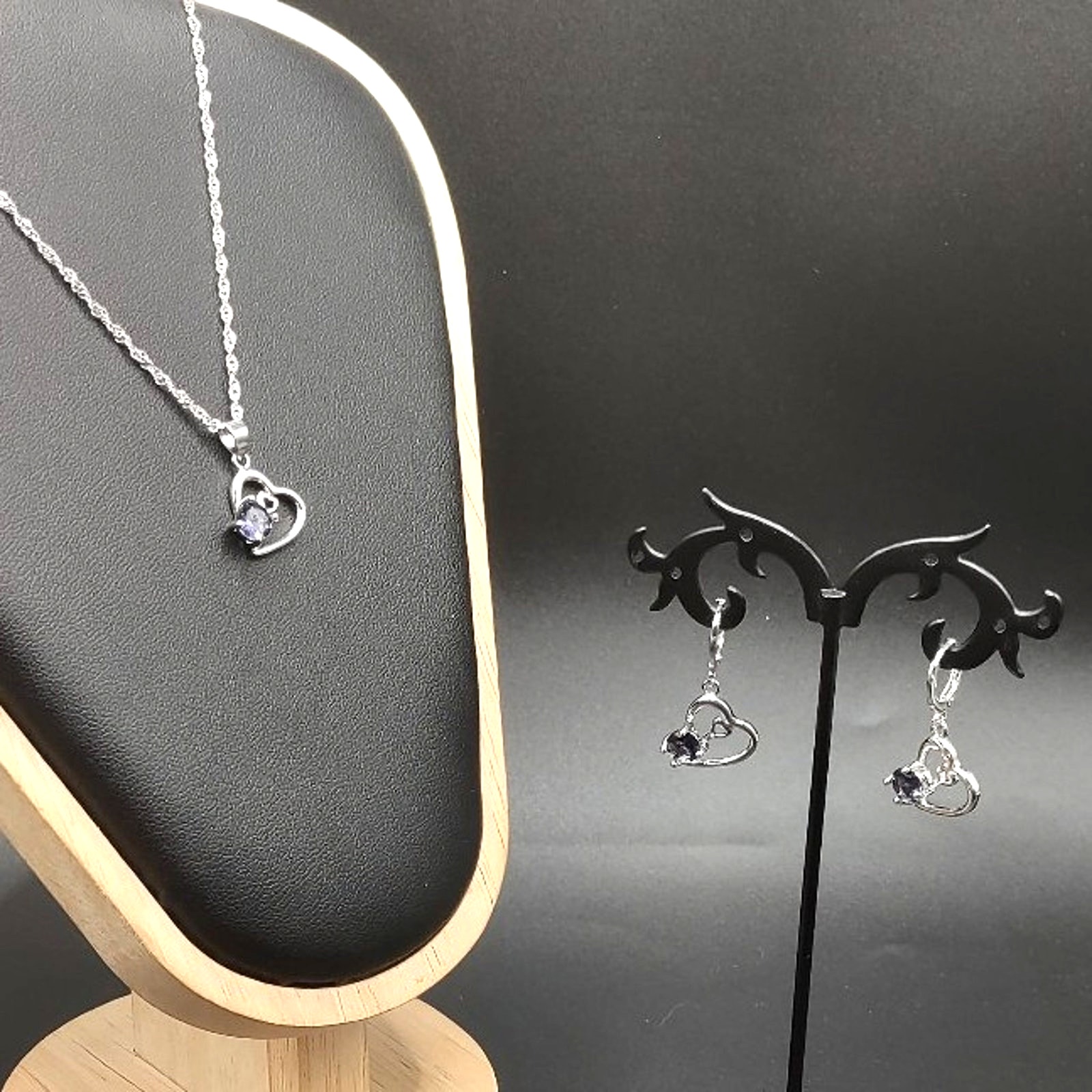 Sterling Silver Amethyst Heart Necklace Earrings Set Anniversary Birthday Gift 40$